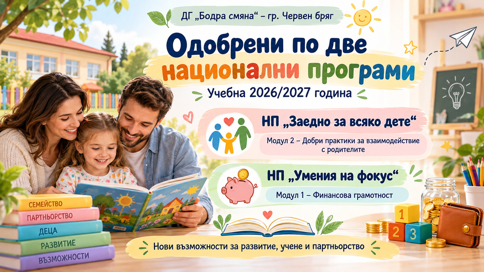 ДГ „Бодра смяна“ с одобрени проекти по две национални програми за учебната 2026/2027 година